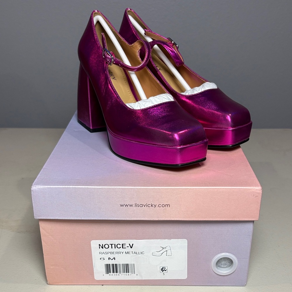 LisaVicky Notice-V Raspberry Metallic Platform Heels